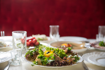 Catering in restaurant, delicious vegetable salad, Ukraine