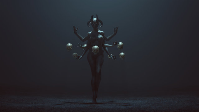 Sexy Multi-Armed Devil Woman with Floating Skulls in a foggy void 3d Illustration 3d render