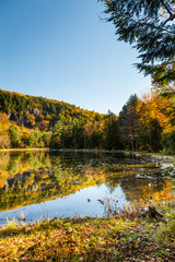 Fototapeta na wymiar Mountain and colorful trees reflected in a pond on a beautiful autumn day