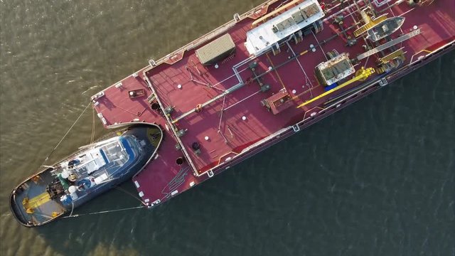 Hudson River Aerial Overhead Shot Of Red Oil Tanker