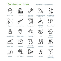 Construction Icons - Outline styled icons, designed to 48 x 48 pixel grid. Editable stroke.