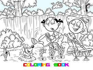 The illustration shows how a boy and a girl working in the garden. They watered vegetables and flowers. Funny mole came out of his burrow to bathe.  In black and white contour, for coloring book.