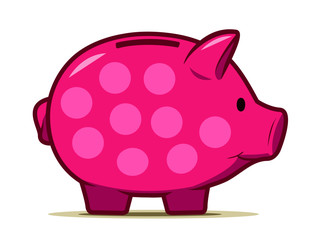Cute pink piggy bank with dotted design. Drawing of isolated money container in shape of nice pig.