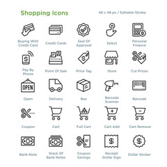 Shopping Icons - Outline styled icons, designed to 48 x 48 pixel grid. Editable stroke. - 227827414
