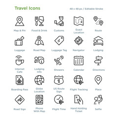 Travel Icons - Outline styled icons, designed to 48 x 48 pixel grid. Editable stroke.