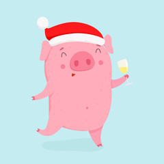 Cute cartoon pig with a glass of champagne. Symbol of 2019 new year. Vector illustration.