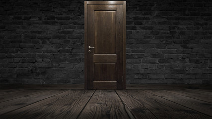 Old brick wall and wooden door, oak