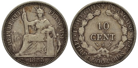 French Indochina silver coin 10 ten centimes 1885, value within floral wreath, purity info below, sitting liberty holding fascine, grain stalks at left, helm and anchor at right, colonial time, date b