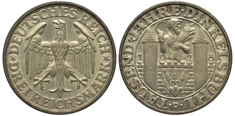 Germany German silver coin 3 three mark 1928, Weimar Republic, 1000th Anniversary of Dinkelsbühl, eagle in center, denomination below, peasant with sickle and grain stalks behind the city wall 