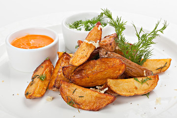 Close up of  fried potato served with sauces and herbs.