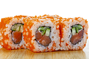Close up of japanese seafood sushi roll .