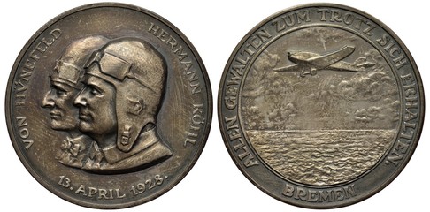 Germany German medal commemorating 36-hour transatlantic flight by Junkers manufactured airplane Bremen piloted by von Hünefeld and Hermann Köhl in April, 1928,