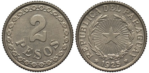 Paraguay Paraguayan coin 2 two pesos 1925, denomination within circle of flowers, star on radiant background flanked by springs, date below flanked by stars, 