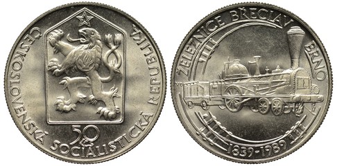 Czechoslovakia Czechoslovakian silver coin 50 fifty krona 1989, subject 150th Anniversary of railroad between Breslau and Brno, lion within shield, old steam locomotive, stylized railroad, dates below