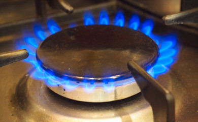 Burning gas burner on home kitchen stove.