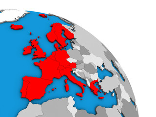 Western Europe on simple blue political 3D globe.