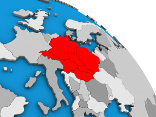 Central Europe on simple blue political 3D globe.