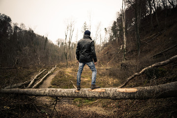 Mann auf Baumstamm in der Wildnis / Natur