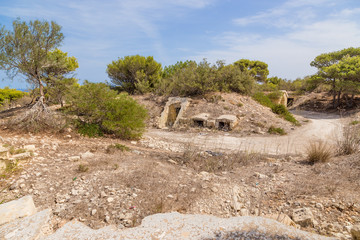 Delimara, Malta. Ruins of the British artillery battery of st. Paul's wooded