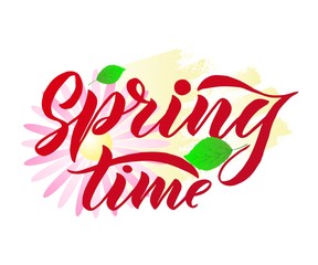Phrase Spring Time with green leaves. Vector season quote.