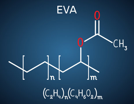 Ethylene-vinyl acetate (EVA). It is is the copolymer of ethylene and vinyl acetate. Structural chemical formula on the dark blue background