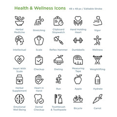 Health And Wellness Icons - Outline styled icons, designed to 48 x 48 pixel grid. Editable stroke.