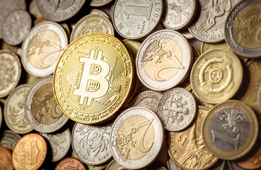 bitcoin with money coins background. Bitcoin cryptocurrency banking money.Background of Euro coins money.United kingdom Pound coin.US coins.Group of coins