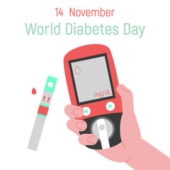 The concept of the day of diabetes. World Diabetes Day Banner with a glucometer in hand. Vector illustration