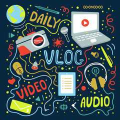 Vlog or video blogging or video channel set with handdrawn elements. Vector illustration made in doodle style, colourful design