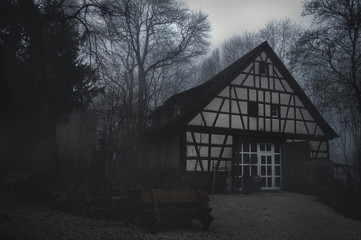 House in a foggy forest in darkness