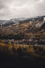 Landscape view of Vail, Colorado after an autumn snow storm. 