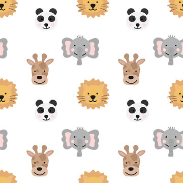 Seamless pattern of hand-drawn cute animals of hot countries for kids. Image of panda, giraffe, elephant, lion on a transparent background. Baby Shower, birthday, holiday.