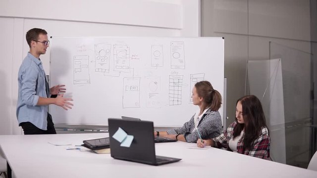 Business team discussing project or idea. Couching, executive, startup concept. Two women sitting at office desk and man making presentation near the worksheets boardpartner. Team work. Front view