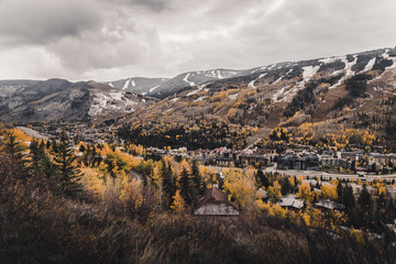 Landscape view of Vail, Colorado after an autumn snow storm. 