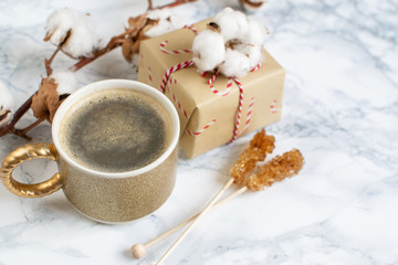 Christmas Gift Boxes Decoration Natural Decor New Year Party Concept Vintage Coffee Hot Beverages 
