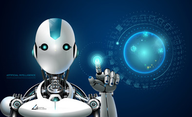 Naklejka premium robot artificial intelligence technology smart lerning hologram interface monitor by ai technology industrial 4.0 control