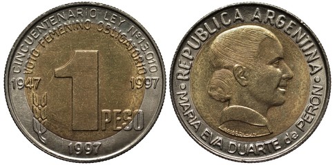 Argentina Argentinean bimetallic coin 1 one peso 1997, subject 50th Anniversary of Women’s Suffrage Law, head of Eva Duarte de Peron right,