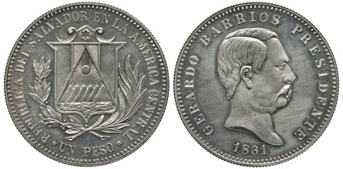 Salvador Salvadoran coin 1 one peso 1861, trial issue (specimen) in aluminum, shield with sun, mountains and sea flanked by sprigs, head of President Gerardo Barrios right, 