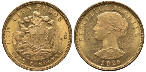 Chile Chilean golden coin 100 one hundred pesos or 10 ten condores 1926, deer and bird support shield with star, mountains behind, female head left, date below, light color,