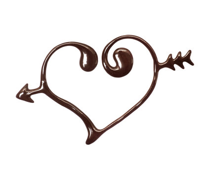 Heart drawn with melted chocolate isolated on white background