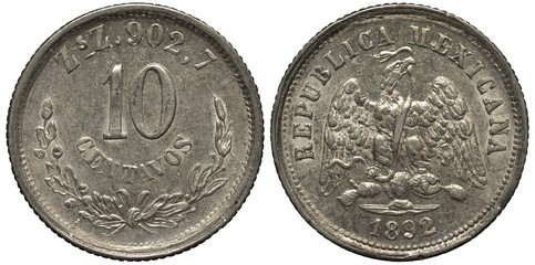 Mexico Mexican silver coin 10 ten centavos 1892, value in center divides purity info above and...