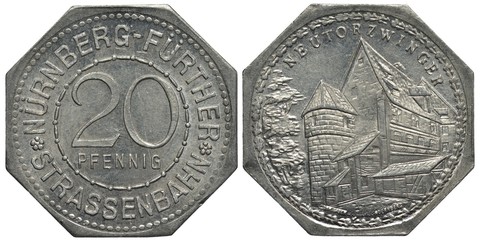 Germany German City of Nurnberg aluminum tram token 20 pfennig circa 1920s, value within circle,...