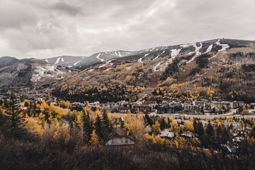 Landscape view of Vail, Colorado after an autumn snow storm. 