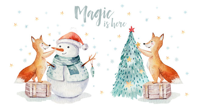 Watercolor gold Merry Christmas illustration with snowman, christmas tree , holiday cute animals fox, rabbit and hedgehog . Christmas celebration cards. Winter new year design.