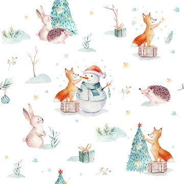 Watercolor Merry Christmas seamless patterns with gift, snowman, holiday cute animals fox, rabbit and hedgehog. Christmas tree celebration paper. Winter new year design. © kris_art