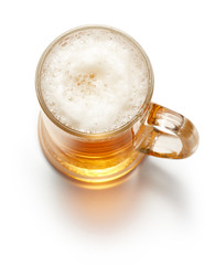 top view of mug of fresh beer isolated on whtie background