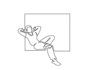 Continuous one line drawing. Young man relaxing in window, sitting. Vector illustration