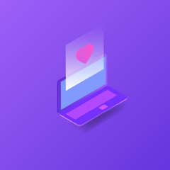 Laptop, heart, social network. Vector isometric illustration.