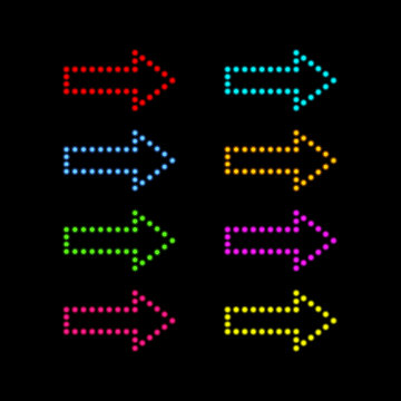 Colored neon arrows on a black background. Vector illustration .