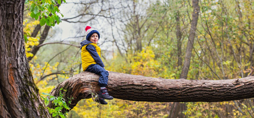 A little boy sits on a fallen tree trunk, dressed in warm clothes and a hat with a punpon. Long...
